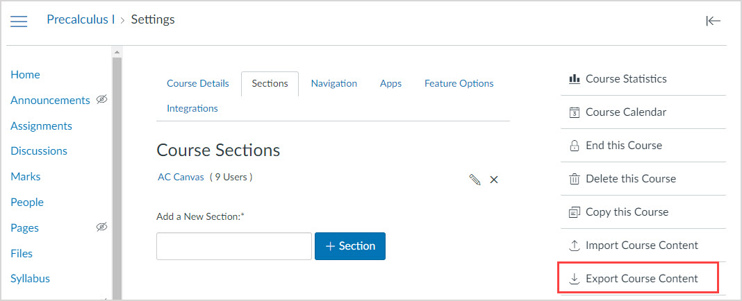 On the Canvas Settings page for a course, the Export Course Content button on the right is highlighted.